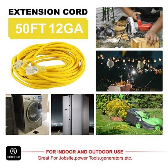 Outdoor 12/3 Extension Cord 12AWG 50FT 15Amp 1875Watts, TPE Rubber SJEOW - Picture 2 of 6